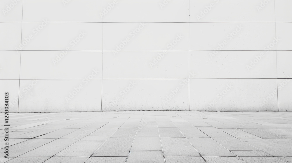 Minimalist white wall with tiled floor, creating clean and modern aesthetic. Ideal for backgrounds or architectural designs Minimalist white wall with tiled floor, creating clean and modern aesthetic. Ideal for backgrounds or architectural designs