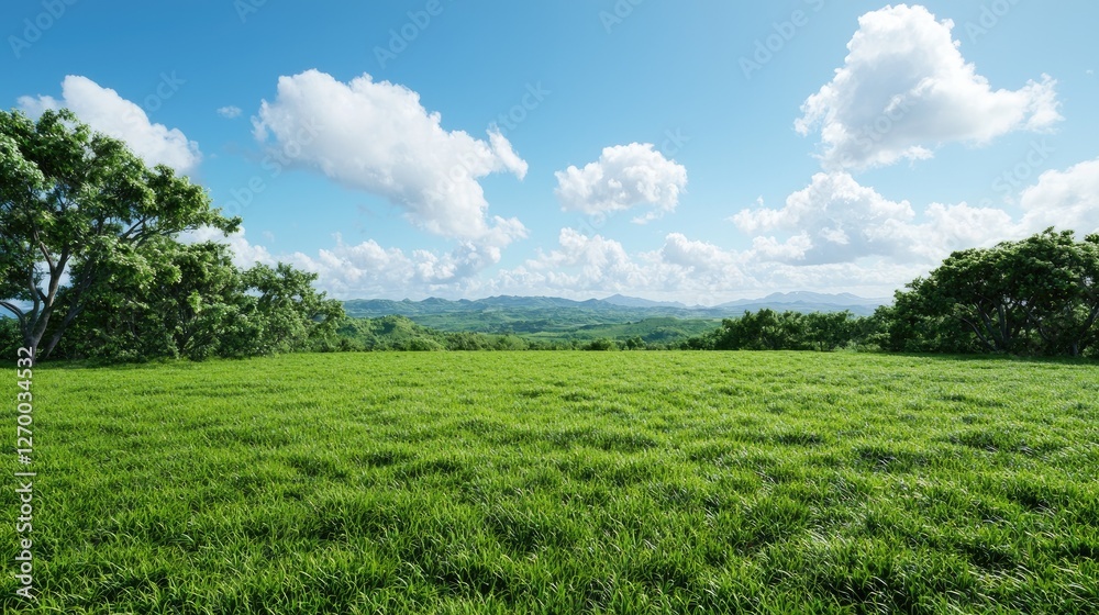 Sunny meadow, rolling hills, blue sky, tranquil landscape, nature scene Sunny meadow, rolling hills, blue sky, tranquil landscape, nature scene