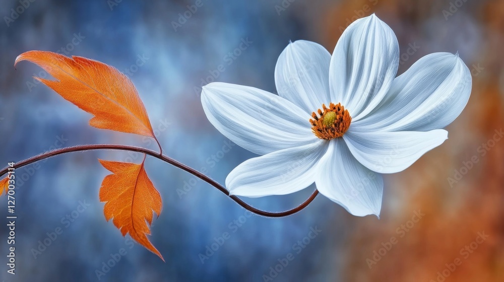 Fototapeta premium Serene Autumn Bloom: White Flower with Orange Leaves