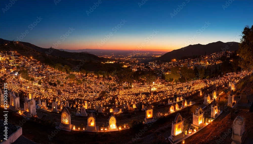 Obraz premium Generated image Render a panoramic view of a Polish city’s main cemetery filled with candles and people