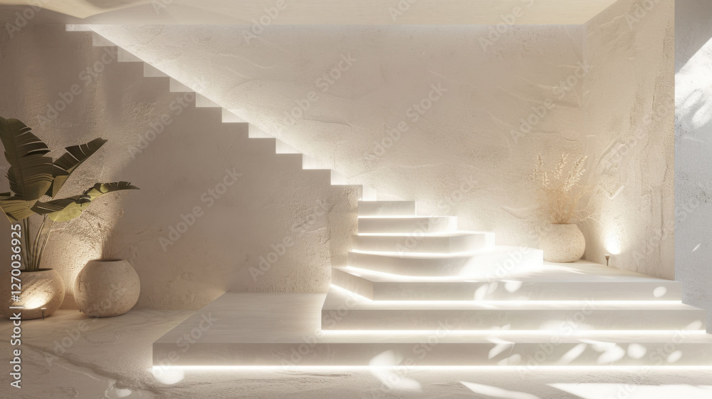 Obraz premium modern interior featuring minimalist staircase with soft lighting, surrounded by decorative plants and neutral tones, creating serene atmosphere