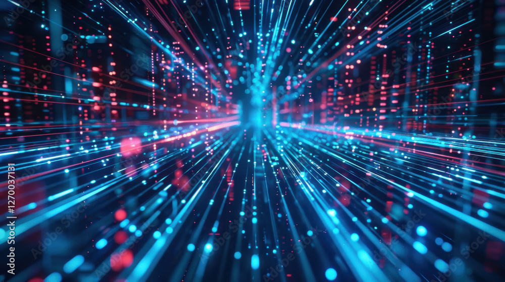 Abstract digital background with glowing blue and red lines creating sense of depth and movement, representing data flow and technology Abstract digital background with glowing blue and red lines creating sense of depth and movement, representing data flow and technology