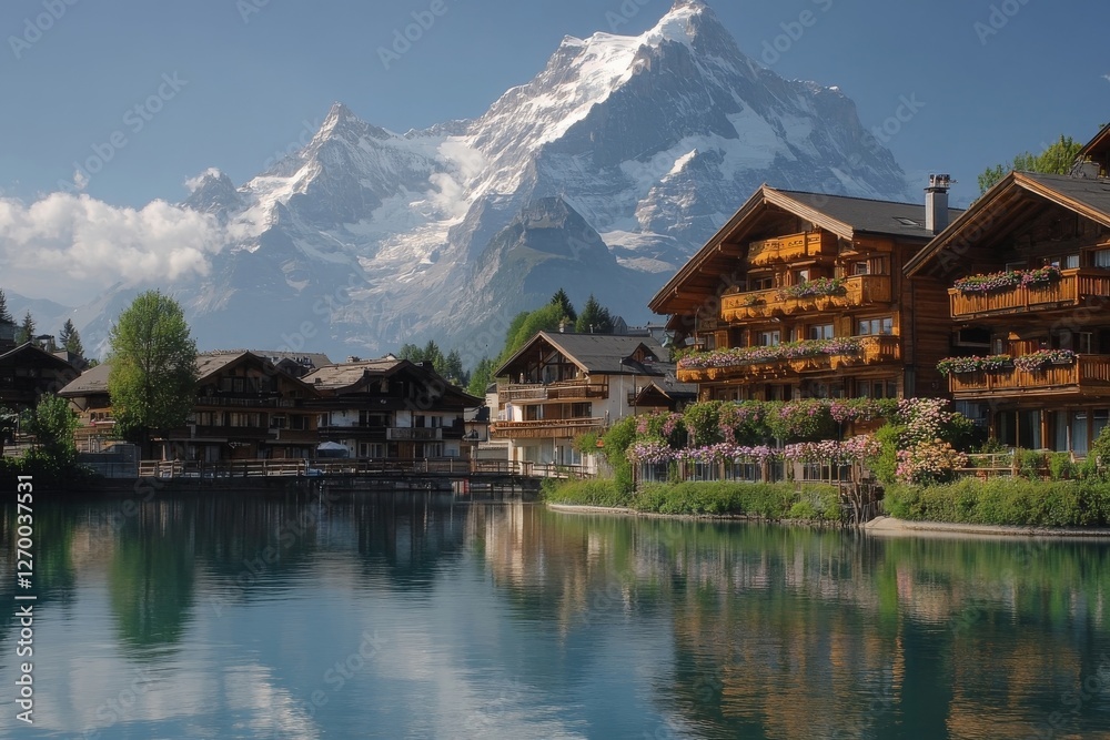 Fototapeta premium Picturesque Swiss Village Lakeside with Majestic Mountain Backdrop