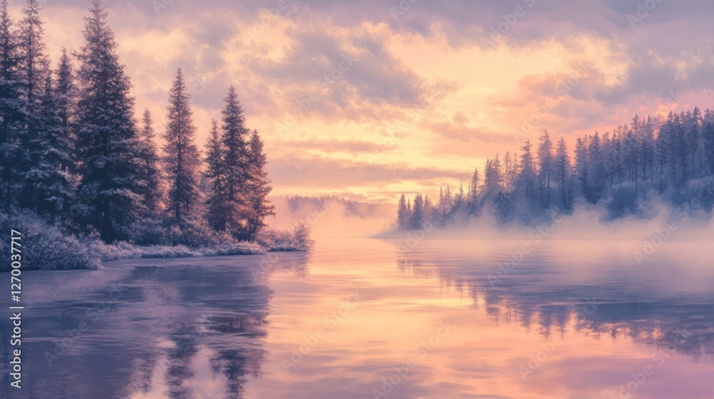 Serene Lake Reflections, A Pastel Dawn over Misty Evergreen Forest Serene Lake Reflections, A Pastel Dawn over Misty Evergreen Forest