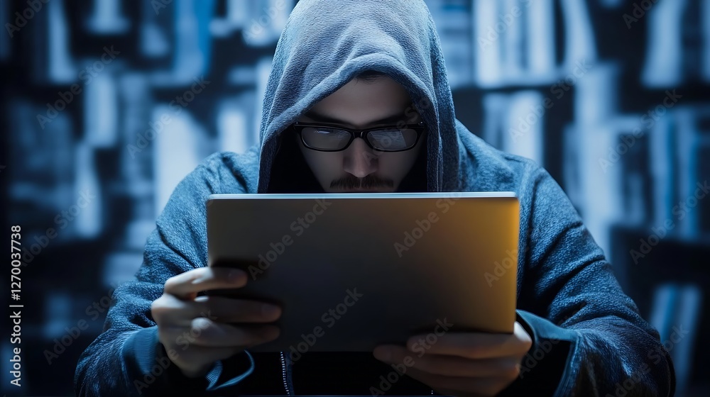 Focused man in hoodie using tablet device with books in the background : Generative AI Focused man in hoodie using tablet device with books in the background : Generative AI
