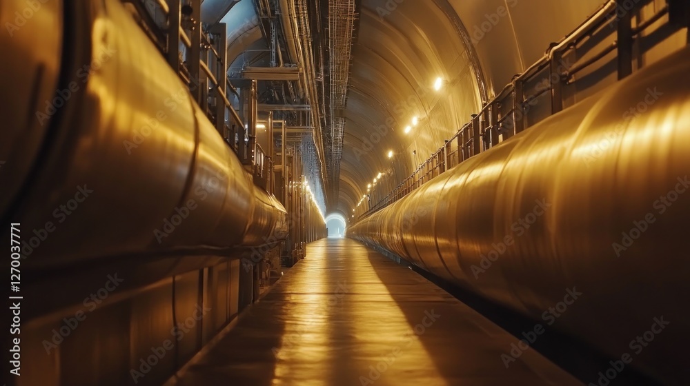 Obraz premium Industrial Pipeline Tunnel Interior with Metallic Pipes and Bright Light
