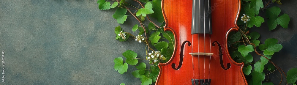 A violin with strings extending into growing vines and flowers, symbolizing the organic harmony between music and nature A violin with strings extending into growing vines and flowers, symbolizing the organic harmony between music and nature