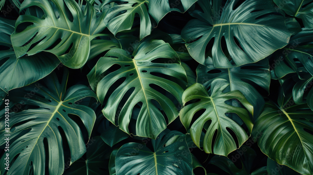 Fototapeta premium Lush green monstera leaves create vibrant tropical backdrop, showcasing their unique shapes and textures. This evokes sense of nature and tranquility