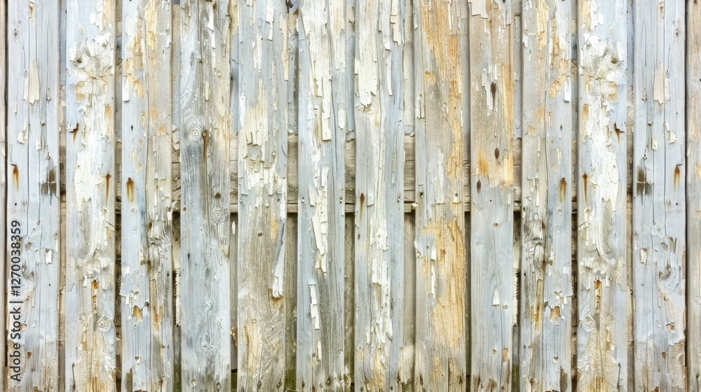 Weathered wooden planks with peeling paint create rustic backdrop. texture and colors evoke sense of age and character, perfect for various design projects Weathered wooden planks with peeling paint create rustic backdrop. texture and colors evoke sense of age and character, perfect for various design projects