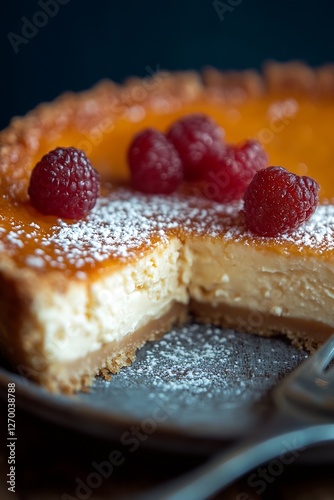 Gorgeous cheesecake layered with a rich caramel base and topped with fresh raspberries on a dark plate : Generative AI photo