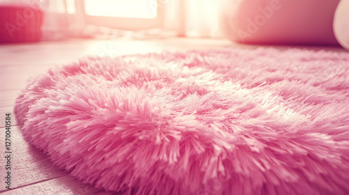 Pink fluffy rug on wooden floor, sunlit room background, home decor