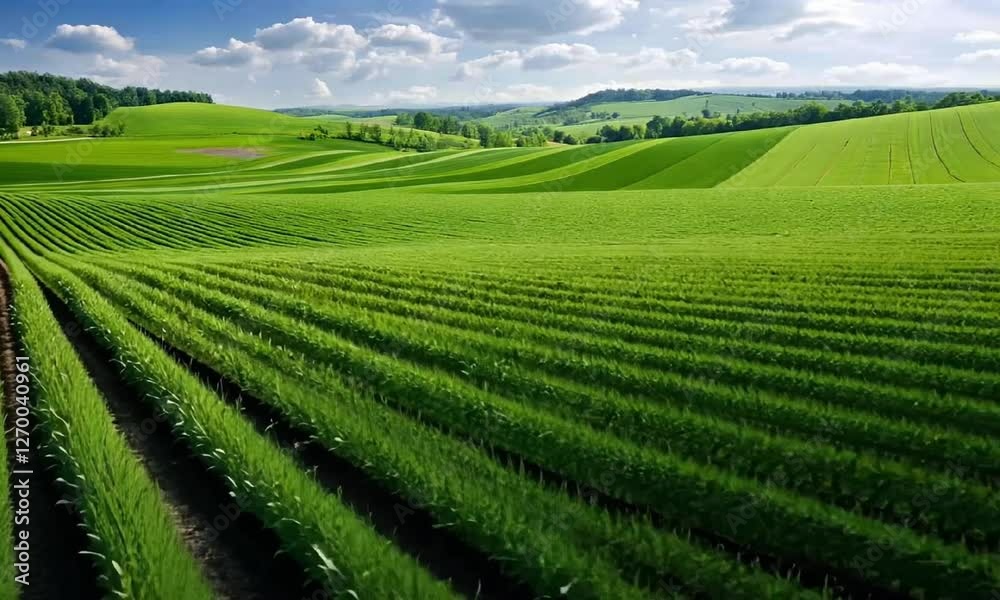 Expansive green fields stretch across the horizon, showcasing nature's beauty under a bright blue sky with fluffy clouds Expansive green fields stretch across the horizon, showcasing nature's beauty under a bright blue sky with fluffy clouds