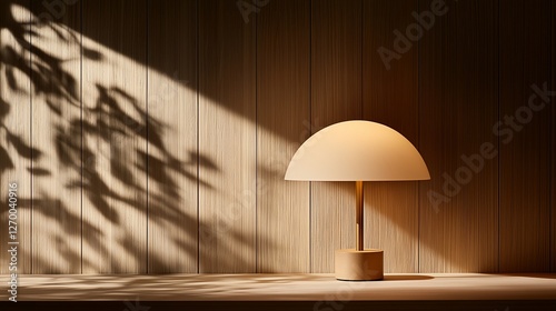 Table lamp on wooden shelf with sunlight and leaf shadows.