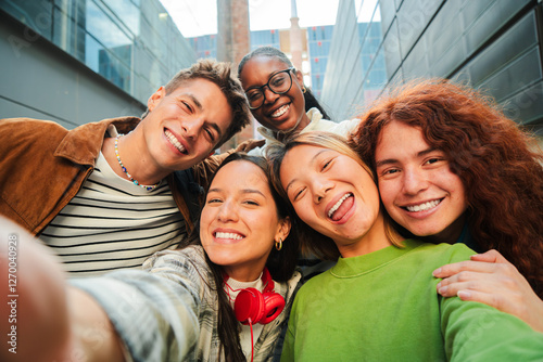 Canvastavla Group of diverse young friends smiling and taking a selfie together, showcasing joy and happiness