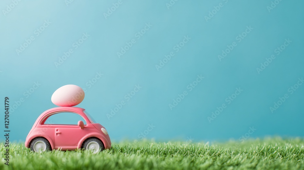 Fototapeta premium Red toy car carrying easter egg driving on green grass against blue background with copy space. Spring holiday concept for greeting cards and decorations