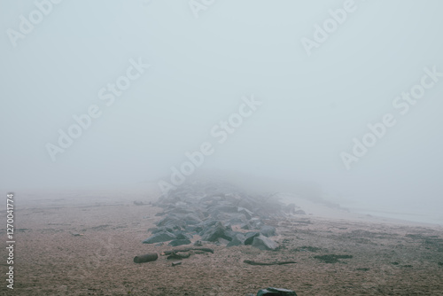 A thick fog blankets a beach, obscuring the distant water.   photo