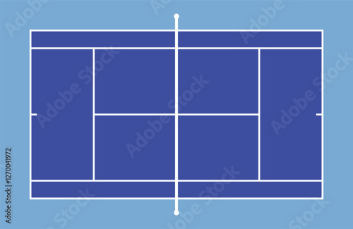 Top-view diagram of a blue tennis court layout with white boundary lines on a green background, illustrating singles and doubles playing areas. Vector