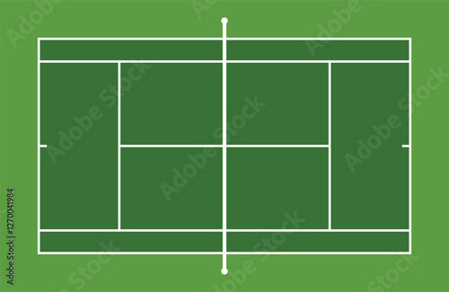 Simple top view of a tennis court layout with white boundary lines on a green background, illustrating singles and doubles playing areas - vector