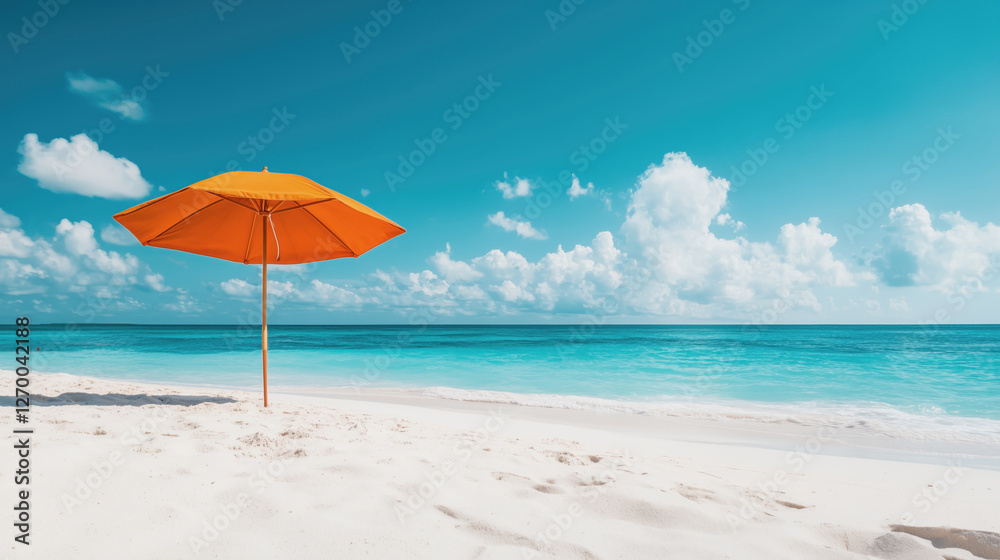 Bright Orange Umbrella on Serene Tropical Beach Under Blue Sky Bright Orange Umbrella on Serene Tropical Beach Under Blue Sky