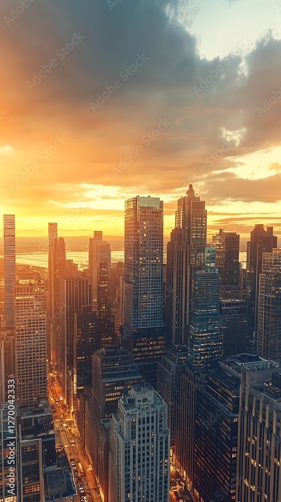 Obraz premium Captivating city skyline at sunset reflecting vibrant colors over urban architecture and high-rise buildings : Generative AI