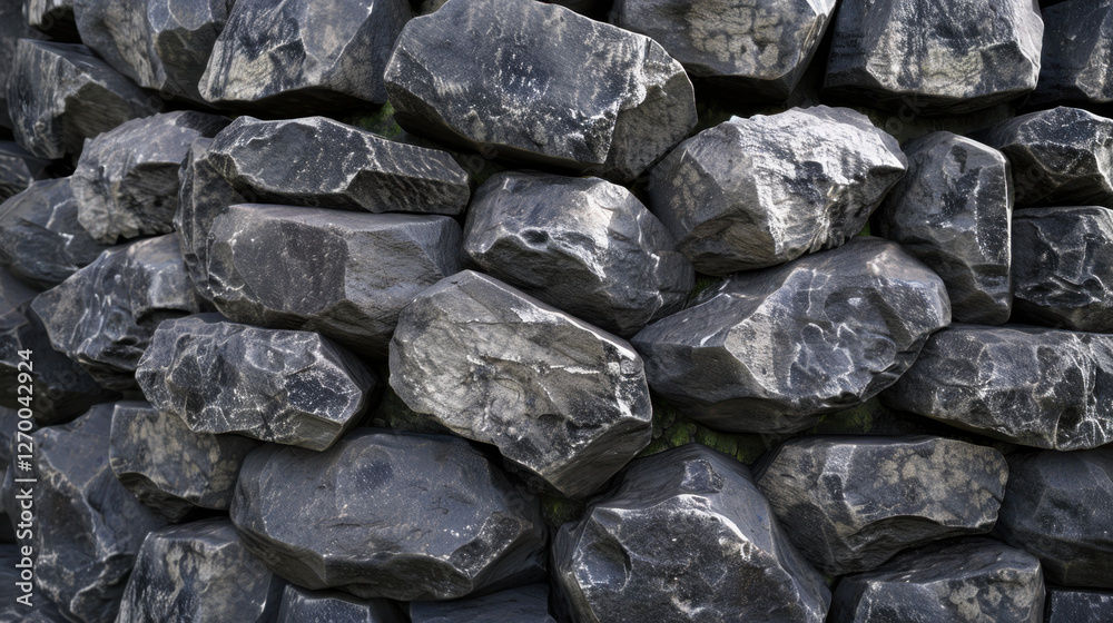 Textured black stones stacked closely together, creating rugged and natural appearance. surface showcases unique patterns and variations, adding depth and character to stone wall Textured black stones stacked closely together, creating rugged and natural appearance. surface showcases unique patterns and variations, adding depth and character to stone wall