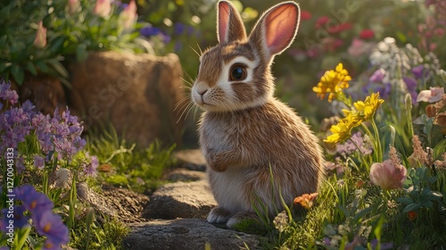 Adorable Baby Bunny Rabbit in Vibrant Spring Flowers Garden Peaceful Nature Wildlife Cute Animal Photography Digital Art Image pet pink sweet grass    photo