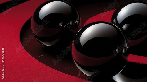 Three glossy black spheres on a red circular surface.