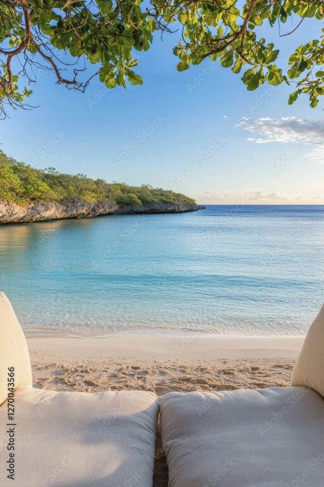 Secluded meditation nook on sandy beach, crystal-clear water in background, soothing hues of sunset merging with plush cushions and organic elements. Secluded meditation nook on sandy beach, crystal-clear water in background, soothing hues of sunset merging with plush cushions and organic elements.