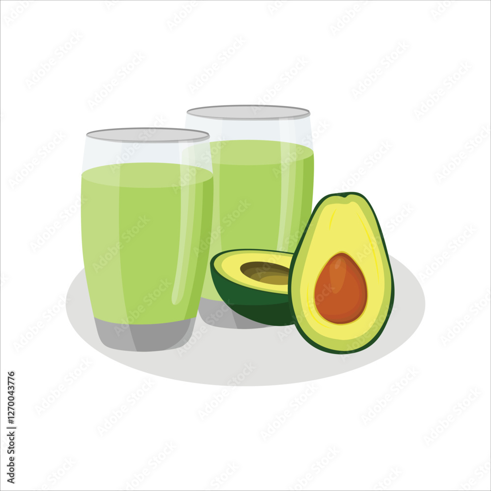 Vector illustration of avocado smoothie in cartoon flat style. Green smoothie in a jar and glass. Healthy vegetarian drink food. Organic tropical juice for detoxification lifestyle vegan