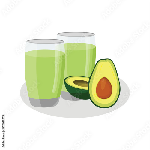 Vector illustration of avocado smoothie in cartoon flat style. Green smoothie in a jar and glass. Healthy vegetarian drink food. Organic tropical juice for detoxification lifestyle vegan