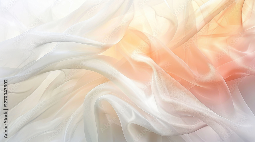 Fototapeta premium Soft, flowing fabric in shades of white and peach creates dreamy, ethereal background. delicate texture and gentle colors evoke sense of calm and tranquility
