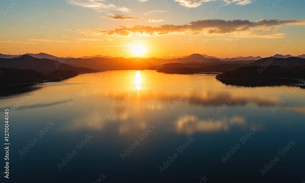 Scenic Sunset over Mountain Lake. Aerial View. Possible Use Stock Photo Scenic Sunset over Mountain Lake. Aerial View. Possible Use Stock Photo