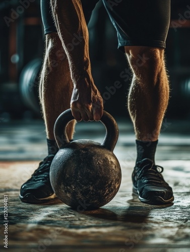 A man holding a heavy black kettlebell, displaying an intense workout in a gym setting.