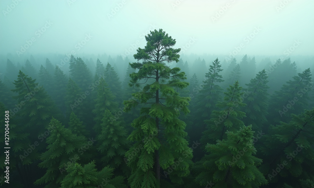 Fototapeta premium Misty forest landscape evergreen trees aerial view nature photography serene environment