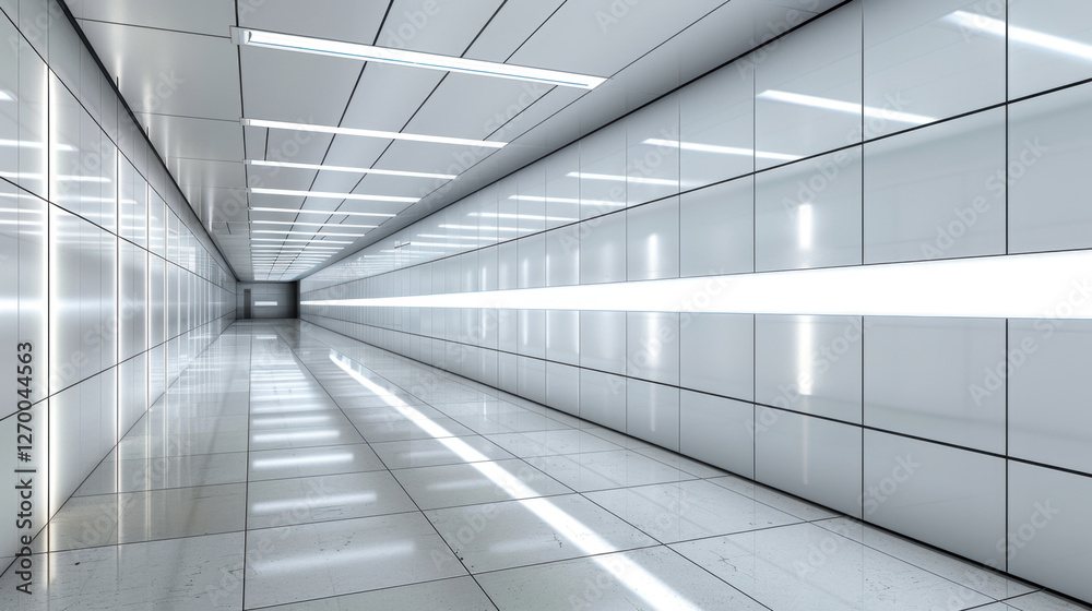 Modern corridor with sleek white walls and bright lighting, creating futuristic atmosphere. polished floor reflects light, enhancing spacious feel Modern corridor with sleek white walls and bright lighting, creating futuristic atmosphere. polished floor reflects light, enhancing spacious feel