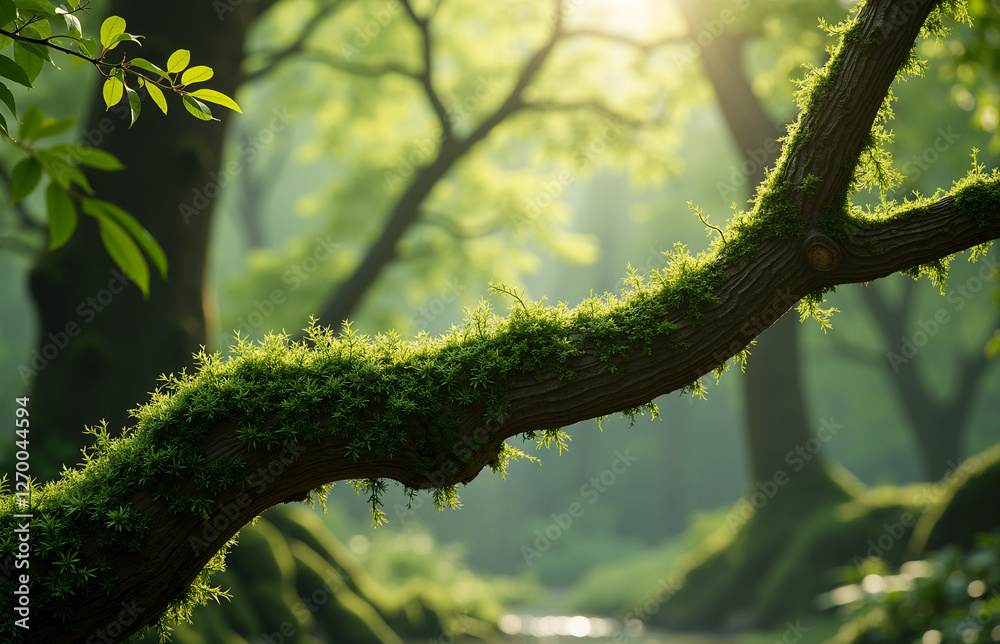 Fototapeta premium Moss-covered tree branch serene forest nature photography lush environment close-up view tranquility concept