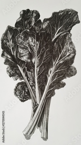 Intricate Black and White Rhubarb Illustration - Detailed Botanical Art