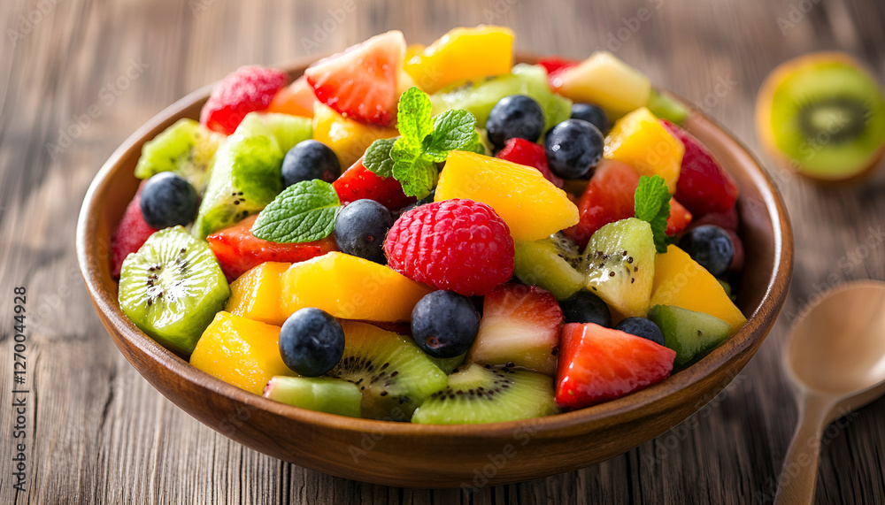 Fruit salad on wooden table, close up horizontal Fruit salad on wooden table, close up horizontal