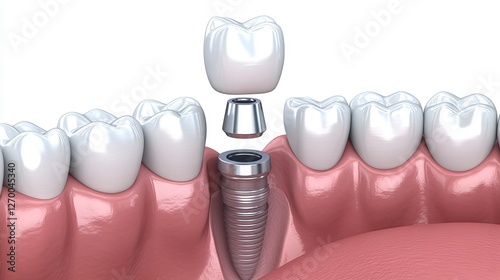 Dental Implant Procedure 3D Model Illustration Showing Detailed Anatomy of a Single Tooth Implant with Crown abutment and Gum Tissue Healthy Teeth Jaw