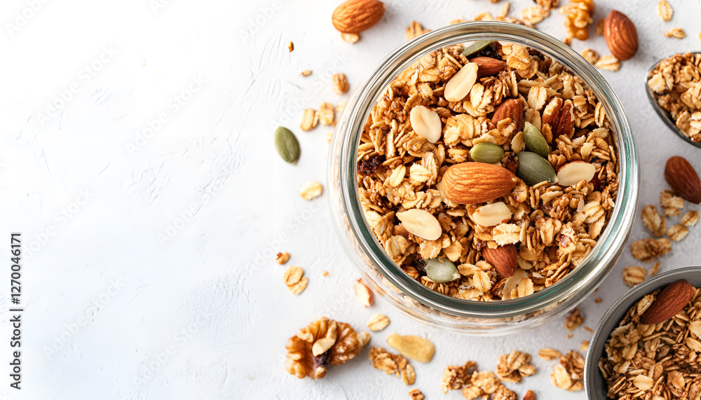 Homemade granola with nuts and seeds in glass jar. Organic granola for healthy breakfast on white, top view, copy space Homemade granola with nuts and seeds in glass jar. Organic granola for healthy breakfast on white, top view, copy space
