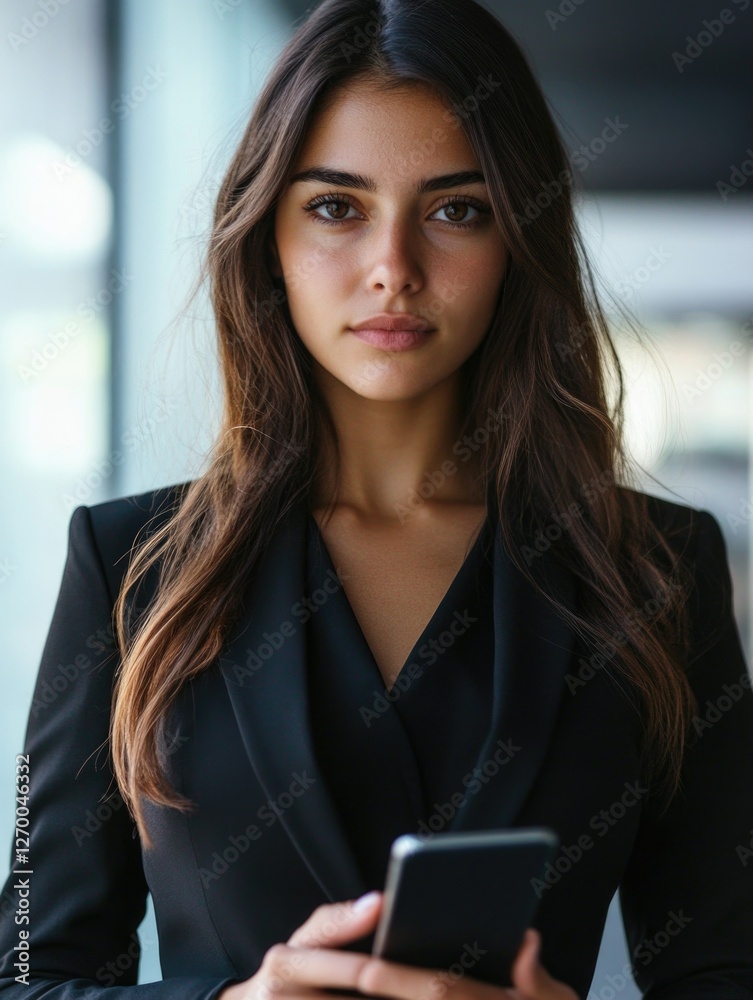 Young woman in a sleek business suit holding a phone, exuding confidence and modernity. Young woman in a sleek business suit holding a phone, exuding confidence and modernity.