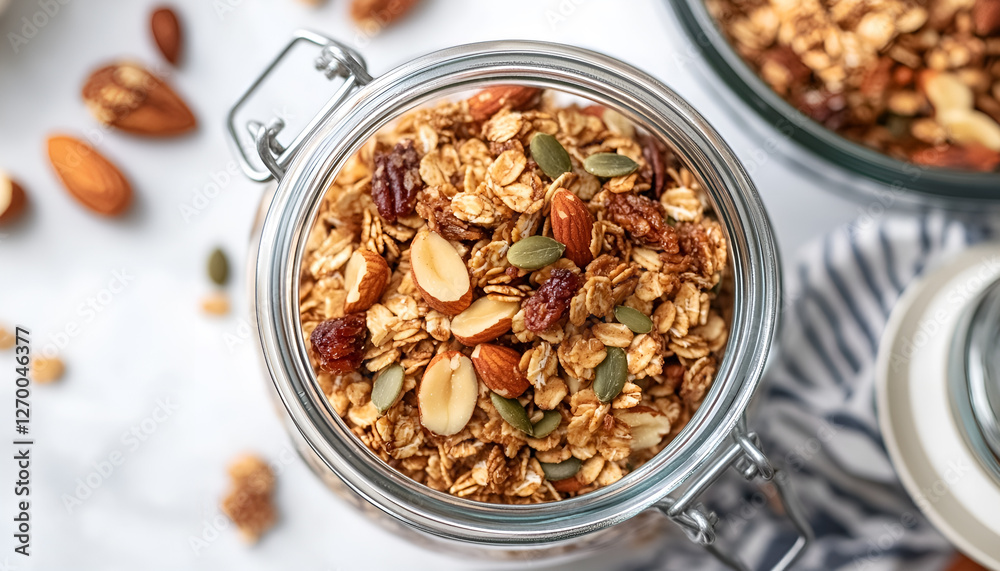 Homemade granola with nuts and seeds in glass jar. Organic granola for healthy breakfast on white, top view, copy space Homemade granola with nuts and seeds in glass jar. Organic granola for healthy breakfast on white, top view, copy space