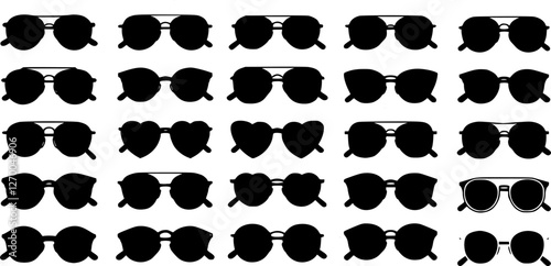Sunglasses vector collection, modern vintage styles, fashionable eyewear silhouettes, black sunglasses illustration, white background, perfect for fashion designs, icons, graphics