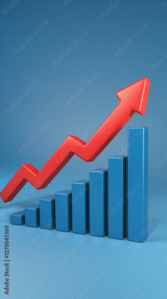 Obraz premium A 3D render of blue bar graph increasing in height with a red arrow pointing upward, symbolizing growth, success, progress, and positive performance in business or analytics.