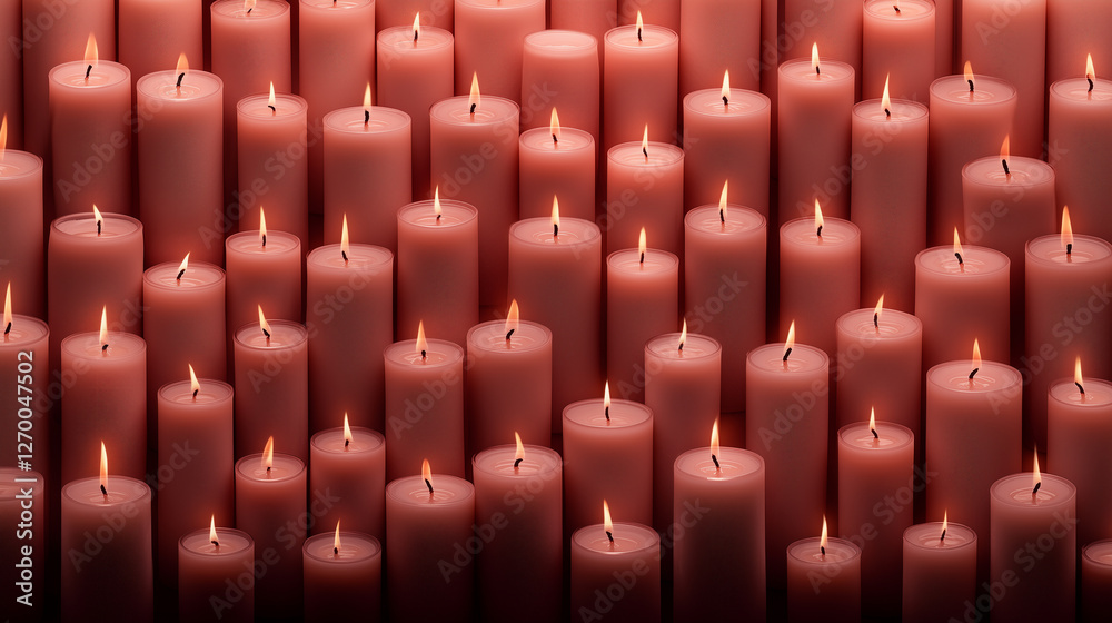 Fototapeta premium Numerous pink candles lit softly in a dimly lit space create a soothing atmosphere for relaxation and reflection