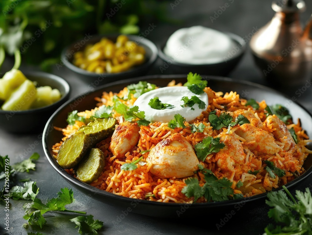Indian meal served in a metal dish with side condiments and pickles. Indian meal served in a metal dish with side condiments and pickles.