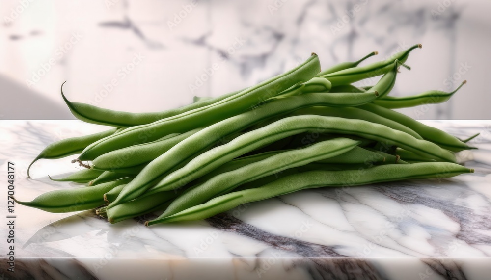 Crisp Green Beans Elegantly Arranged on a Marble Countertop Crisp Green Beans Elegantly Arranged on a Marble Countertop