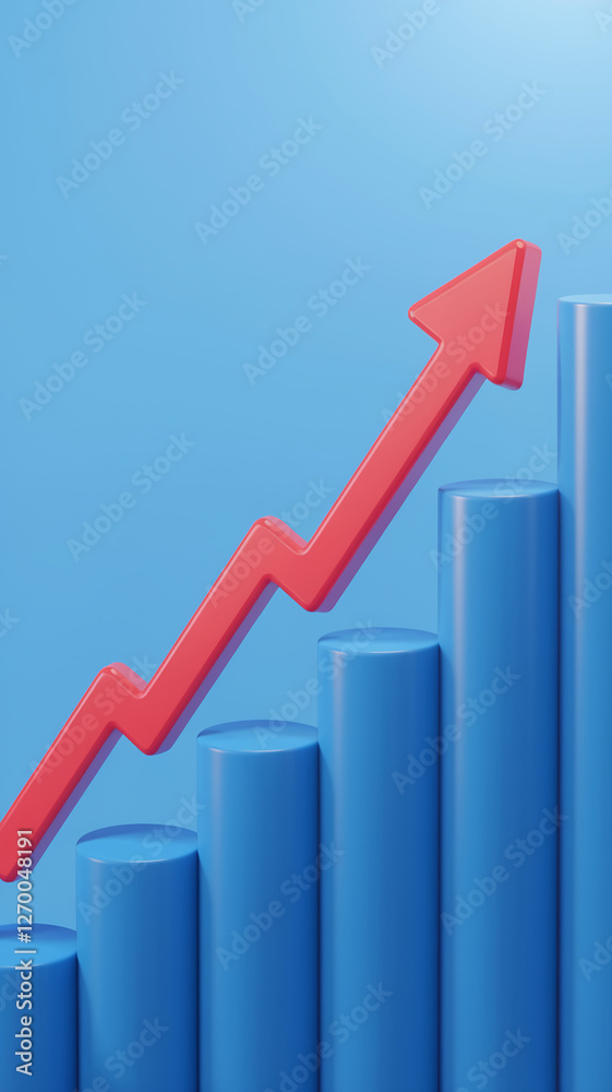 A 3D graph featuring blue columns with a red upward arrow, symbolizing growth, progress, and success in business, finance, or data analysis. A 3D graph featuring blue columns with a red upward arrow, symbolizing growth, progress, and success in business, finance, or data analysis.
