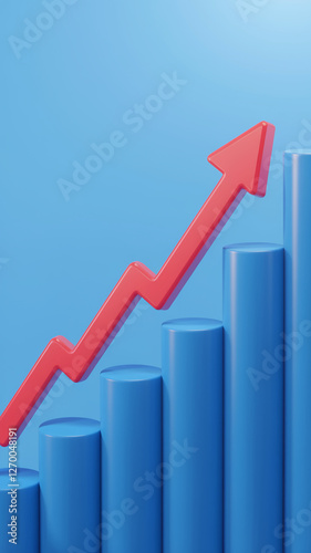 A 3D graph featuring blue columns with a red upward arrow, symbolizing growth, progress, and success in business, finance, or data analysis. Free Download A 3D graph featuring blue columns with a red upward arrow, symbolizing growth, progress, and success in business, finance, or data analysis. - GFXLoad
