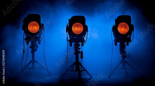 Three spotlights with orange glow in blue smoke.
